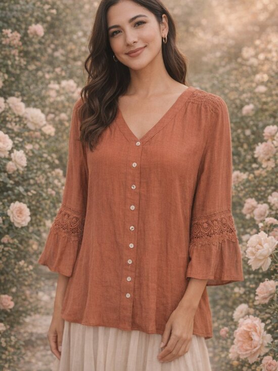 indigo Rose Tops - Indigo Rose Terracotta Lace Sleeve V Neck Tunic Blouse Large NWT